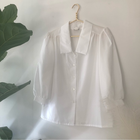 Vintage Tops - True Vintage White Button Down Puff Sleeves Blouse Top